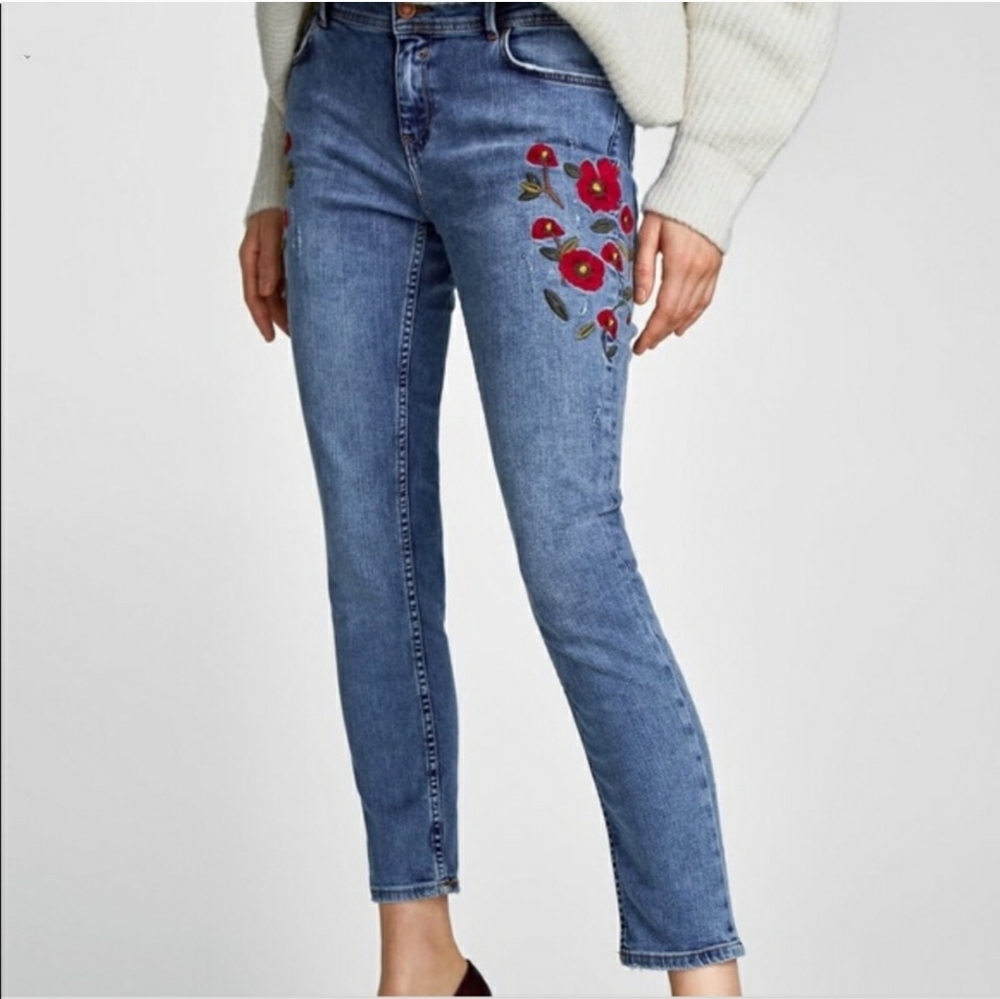 Embroidered Blue Skinny Jeans with Red Floral Detail
